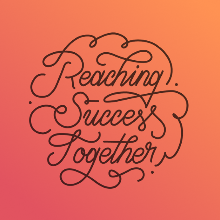 Decorative cursive lettering saying 'Reaching Success Together' on a gradient background from dark pink to orange.