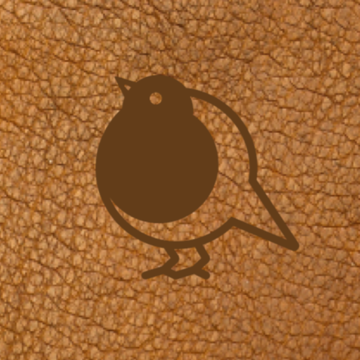 Dark brown stylized bird icon with a circular body and triangular head on textured light brown leather background.