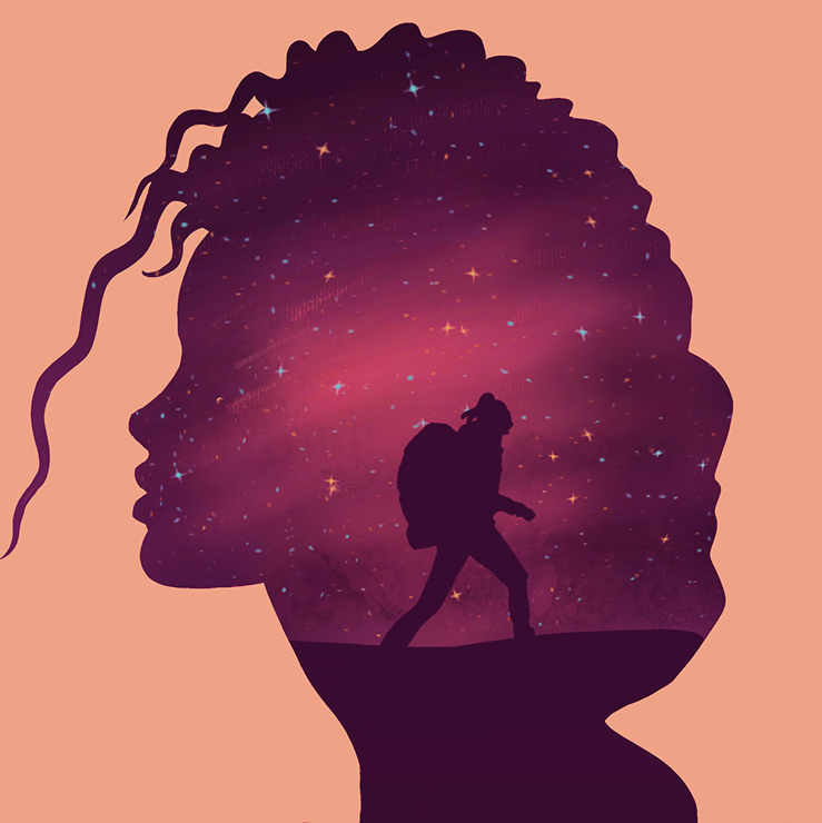 Silhouette of a person with braided hair filled with a starry night sky and a silhouette of a hiker carrying a backpack walking within the head profile.