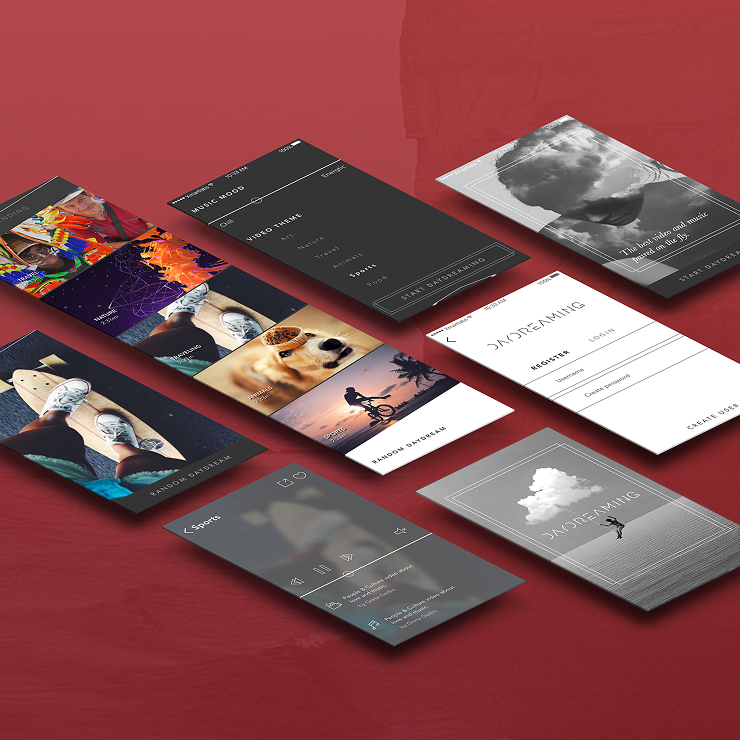 Perspective view of eight smartphone screens floating above a red textured background, showcasing various app interfaces including login/signup screen, music mood selection, video theme categories, music player controls, and photographic backgrounds featuring people, dogs, and landscapes.