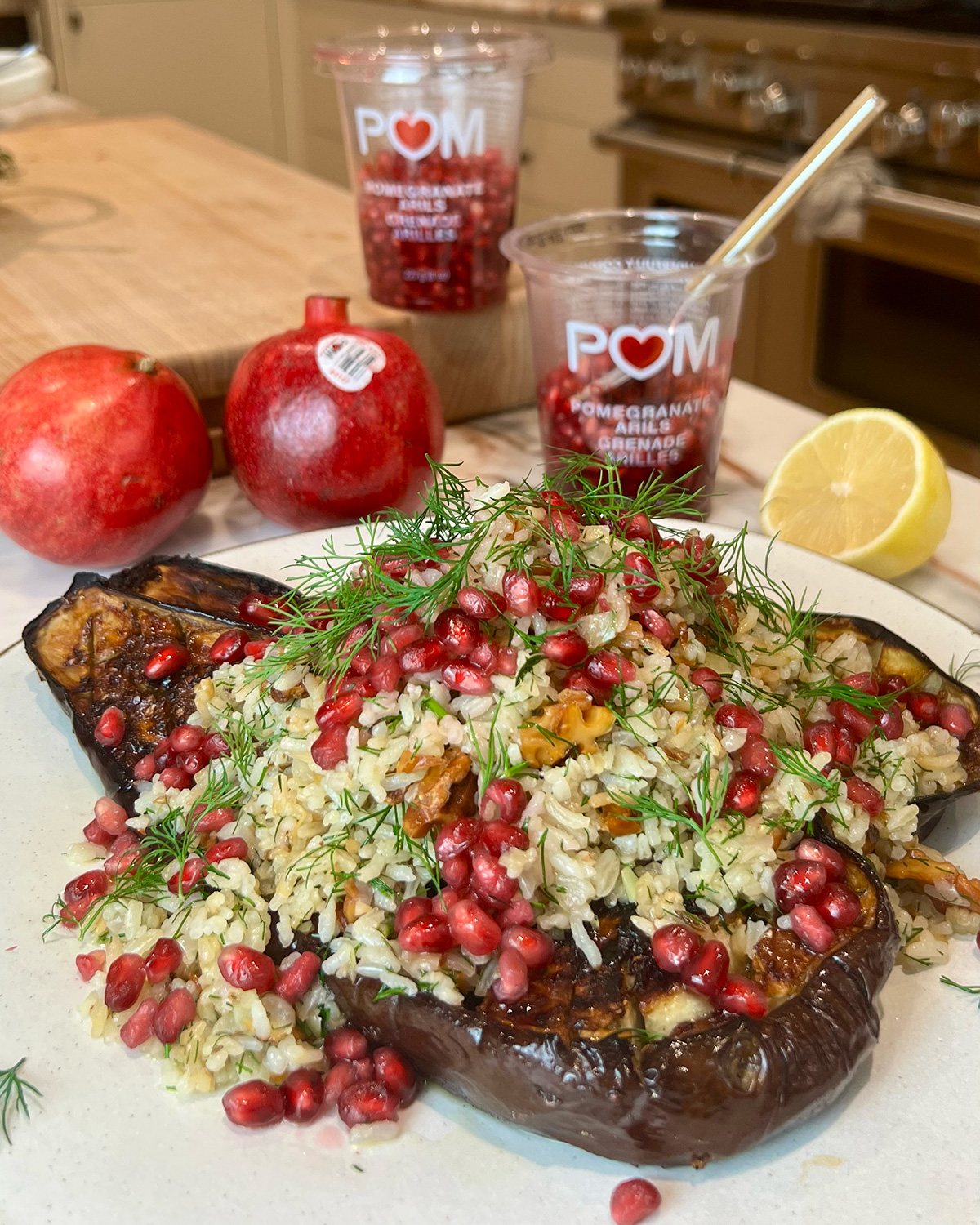 Pomegranate Molasses Roasted Eggplant With Walnut and Dill Rice