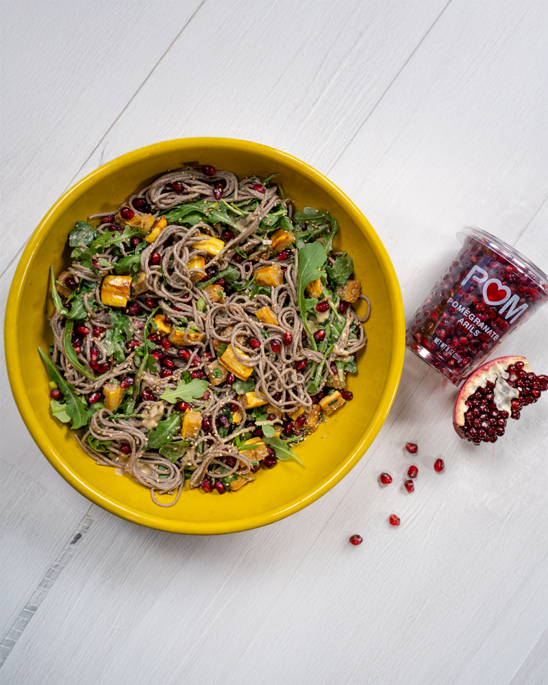 Soba Noodle Salad With Pomegranate, Arugula, + Roasted Squash