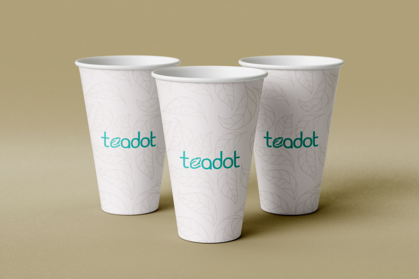 Tea Dot logo mock up in 3 cups with leafs texture