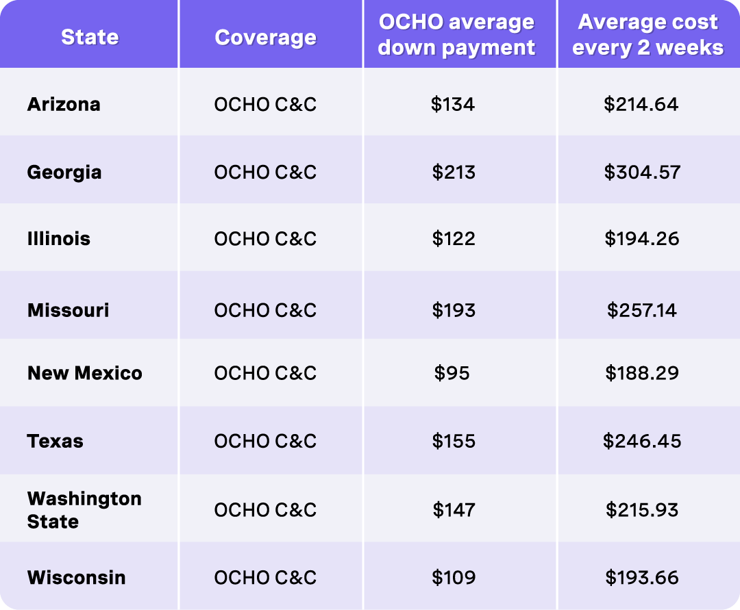 Table detailing OCHO cheap full coverage insurance plans