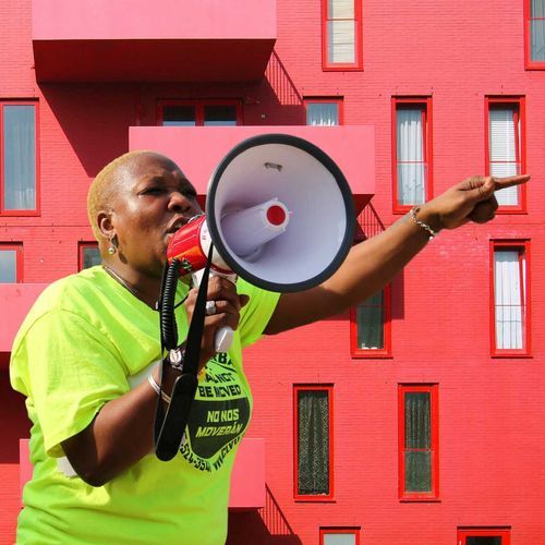 Person yells into bullhorn