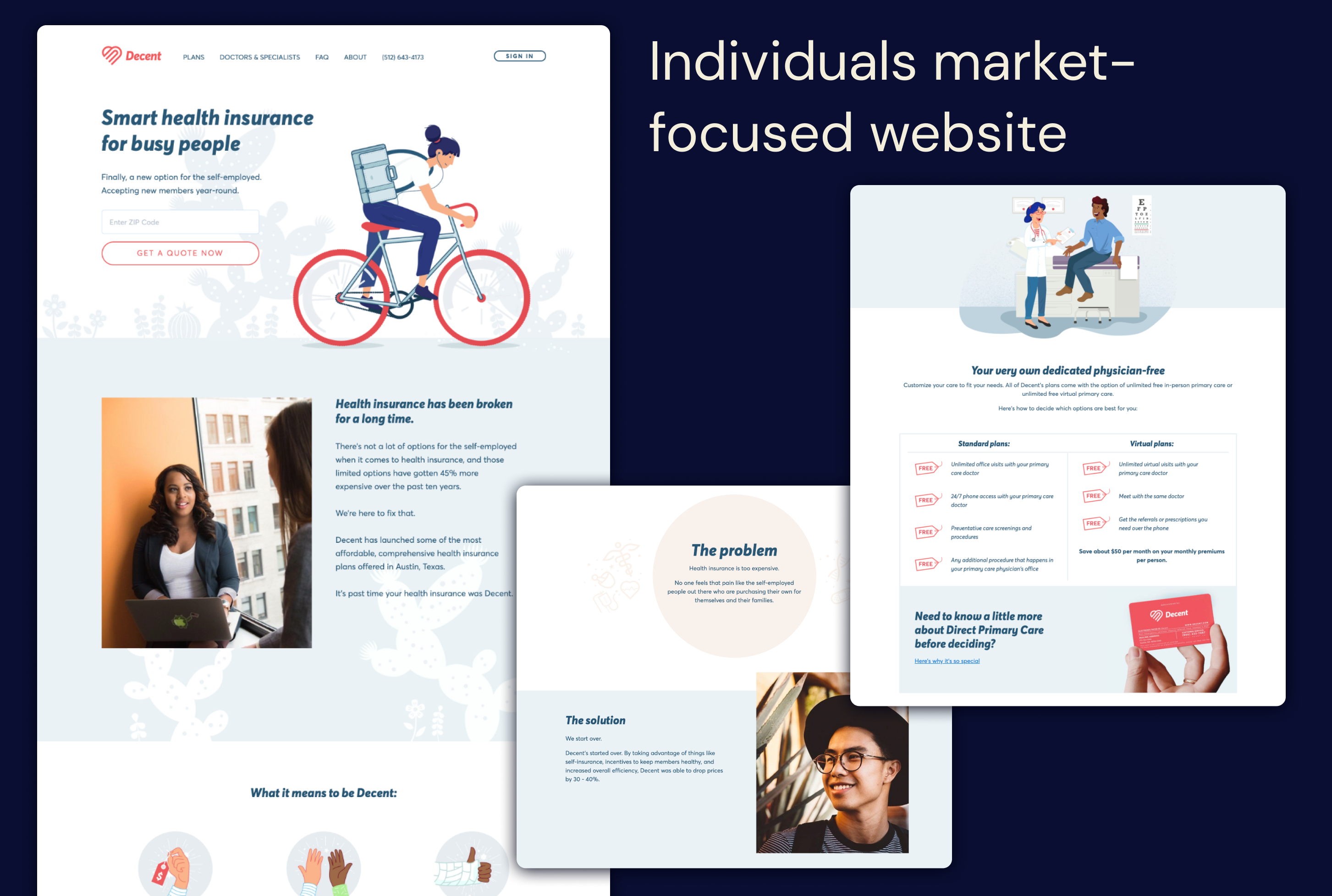 Screenshots from individuals market-focused website