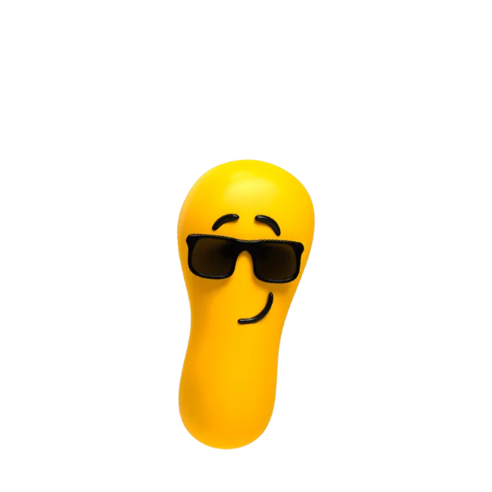 A smiling Designity blob with sunglasses on.