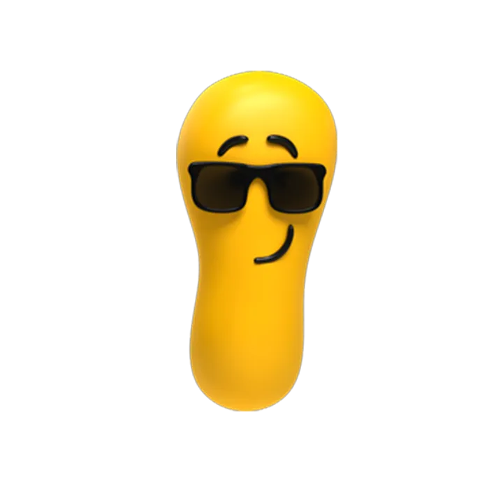 A smiling Designity blob with sunglasses on.