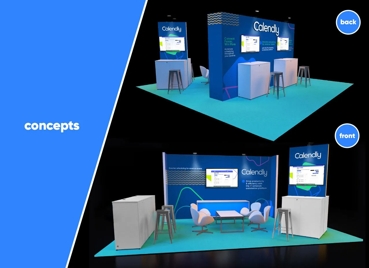 Trade show booth design for Calendly with teal background.