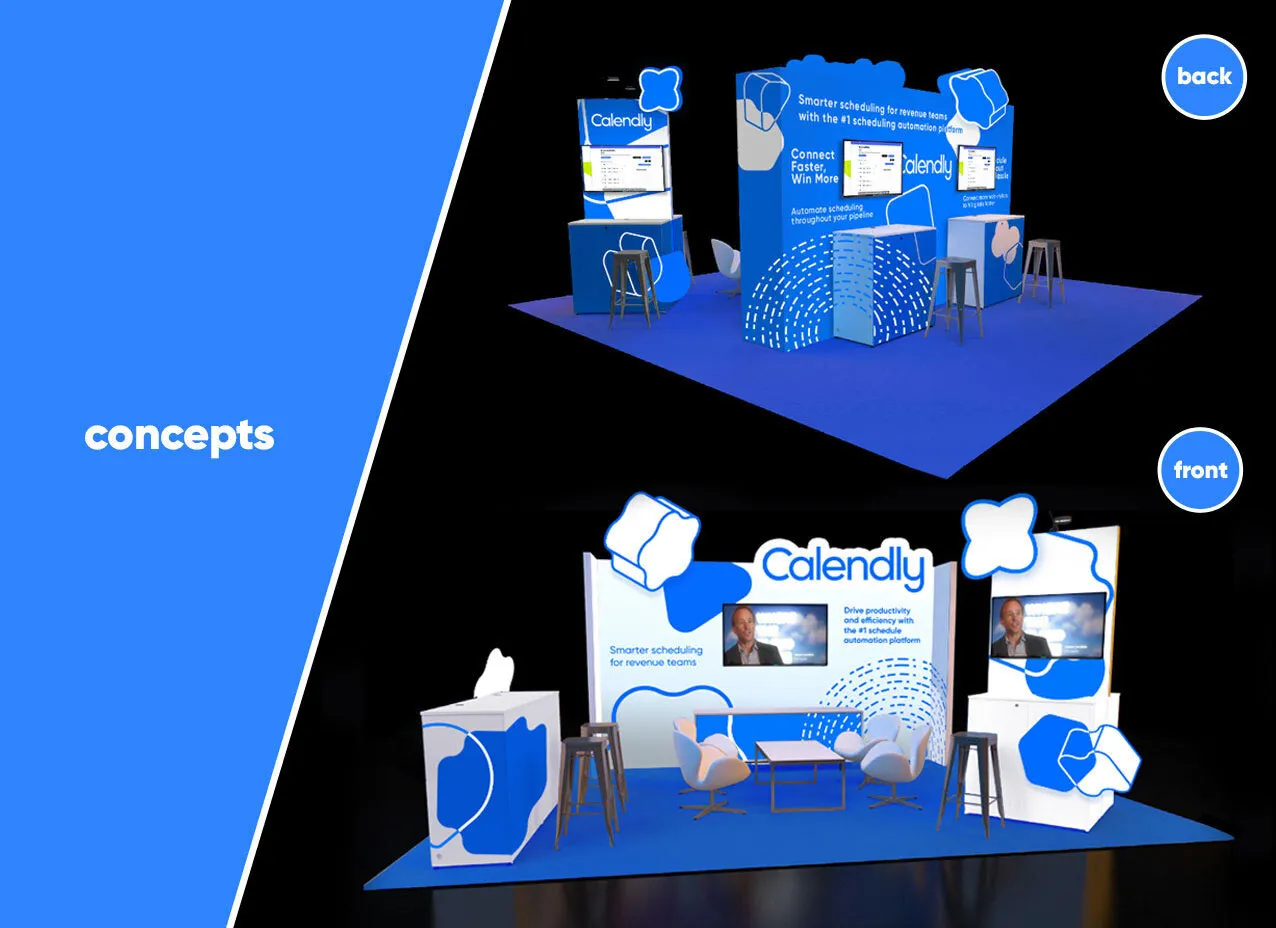 Trade show booth design for Calendly with blue background.