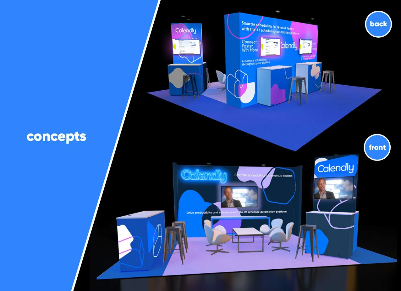 Trade show booth design for Calendly with purple background.