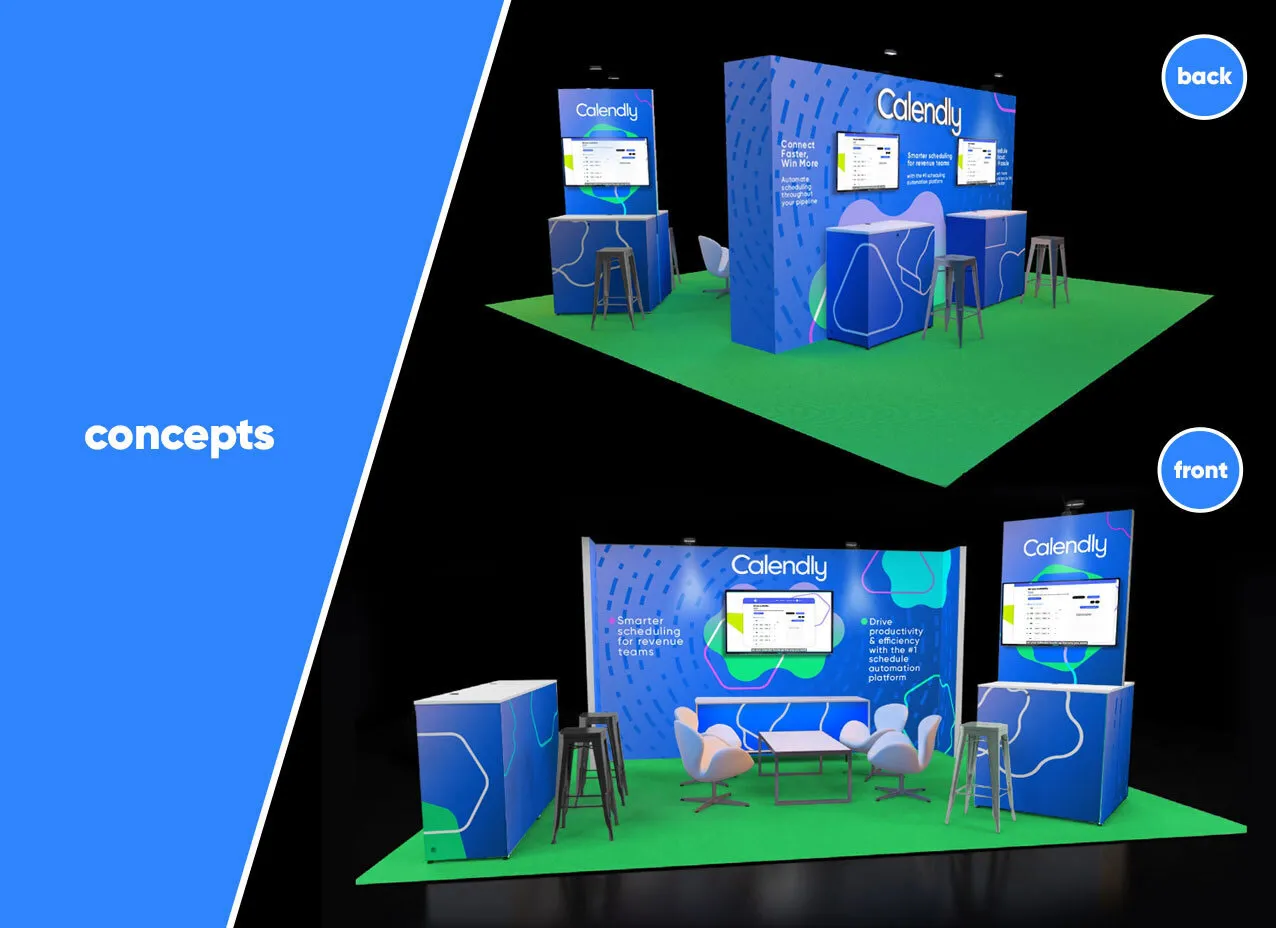 Trade show booth design for Calendly with green background.