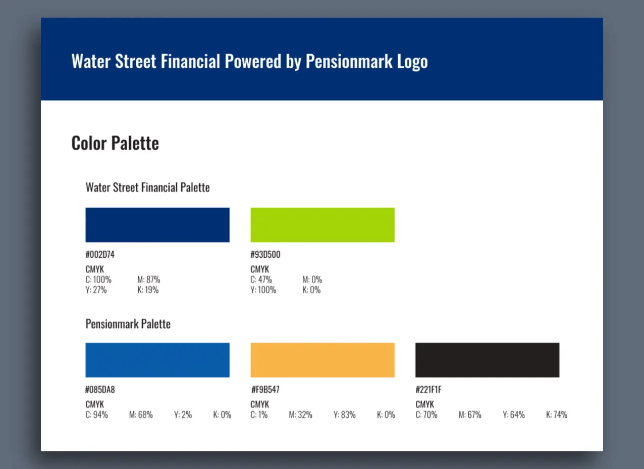 Color palette section of branding guidelines created for Water Street Financial.