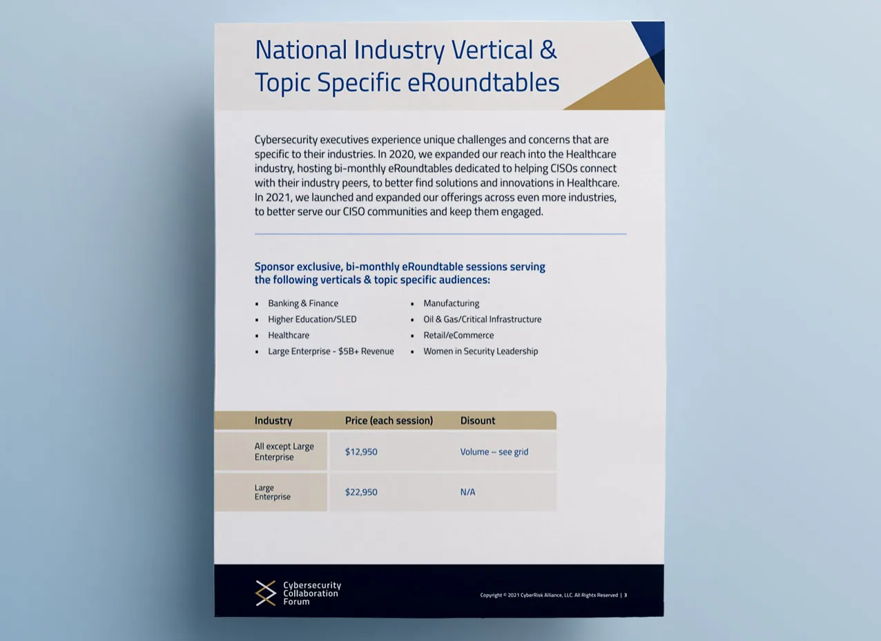 Brochure template designed created for cybersecurity company, CyberRisk Alliance.