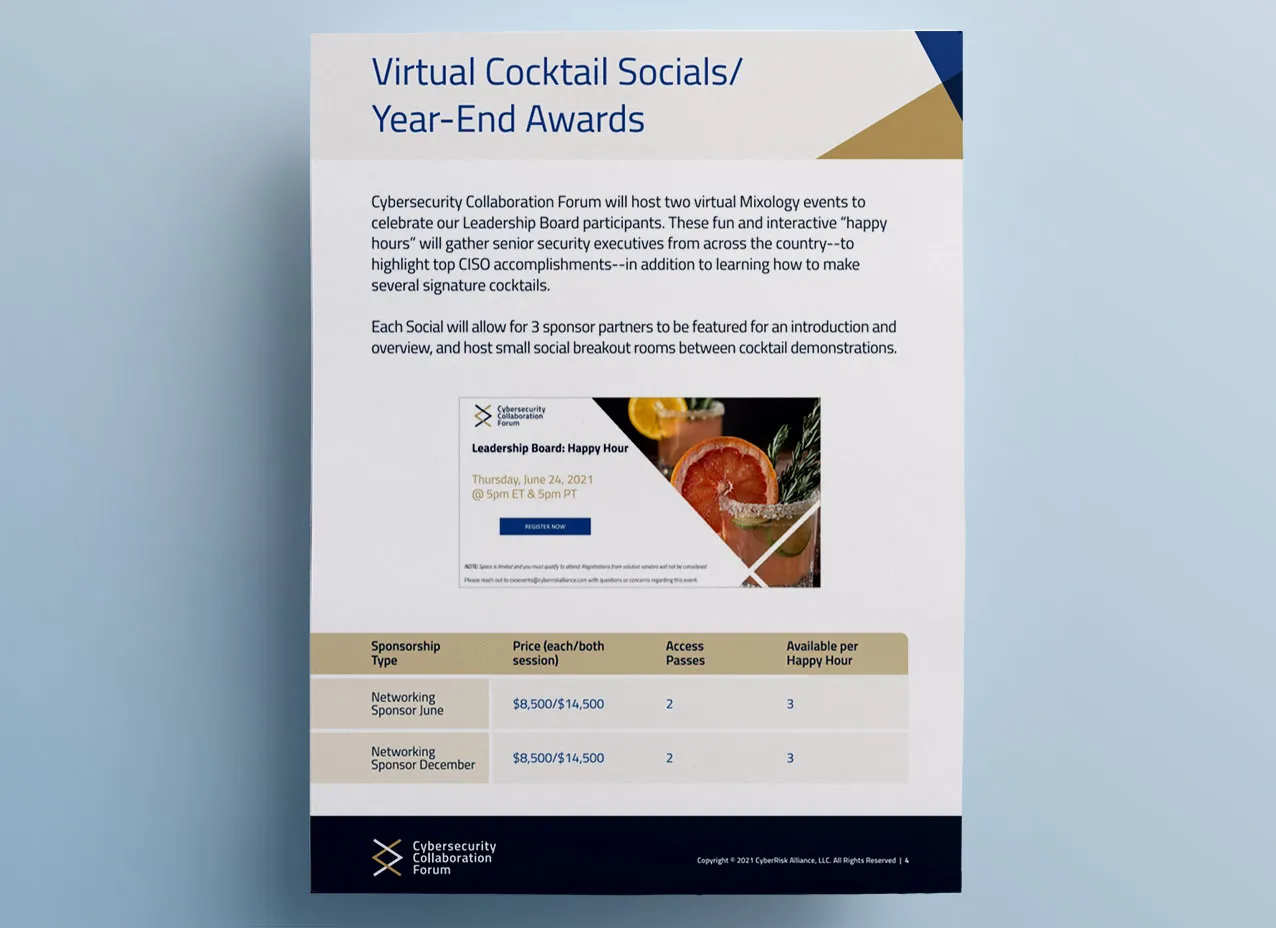 Brochure template designed created for cybersecurity company, CyberRisk Alliance.