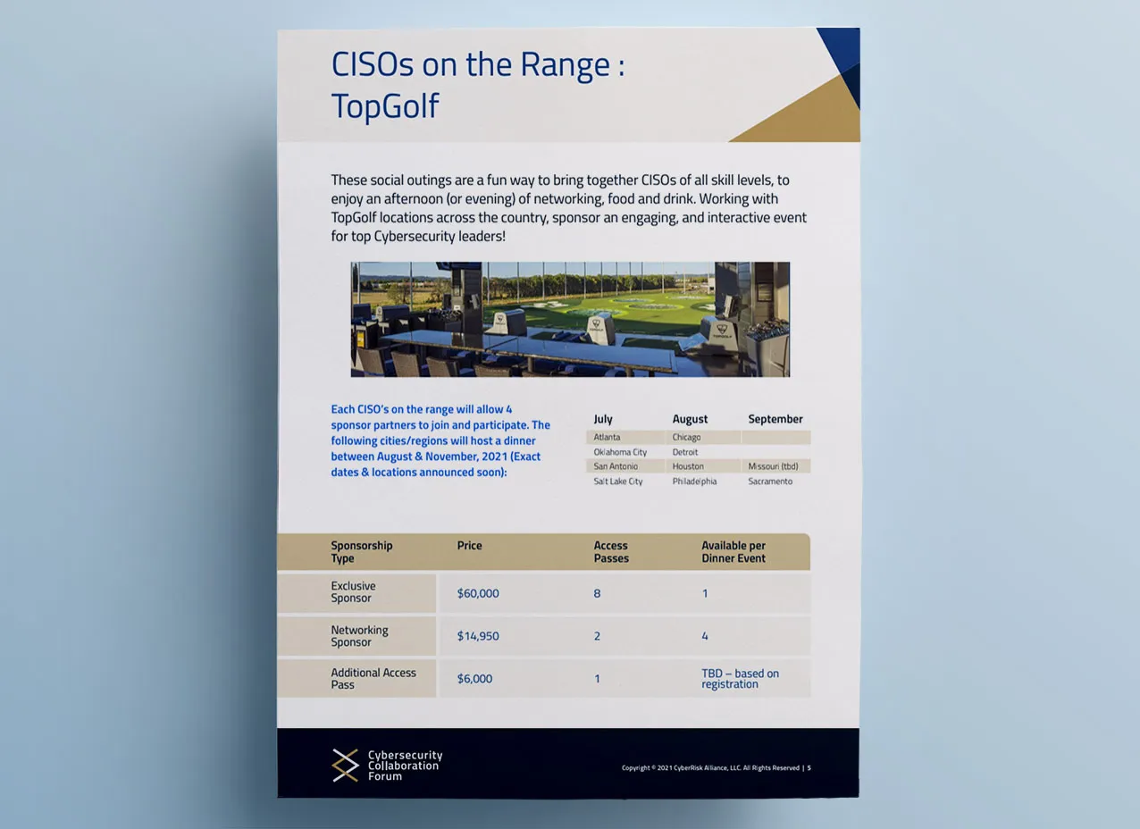 Brochure template designed created for cybersecurity company, CyberRisk Alliance.