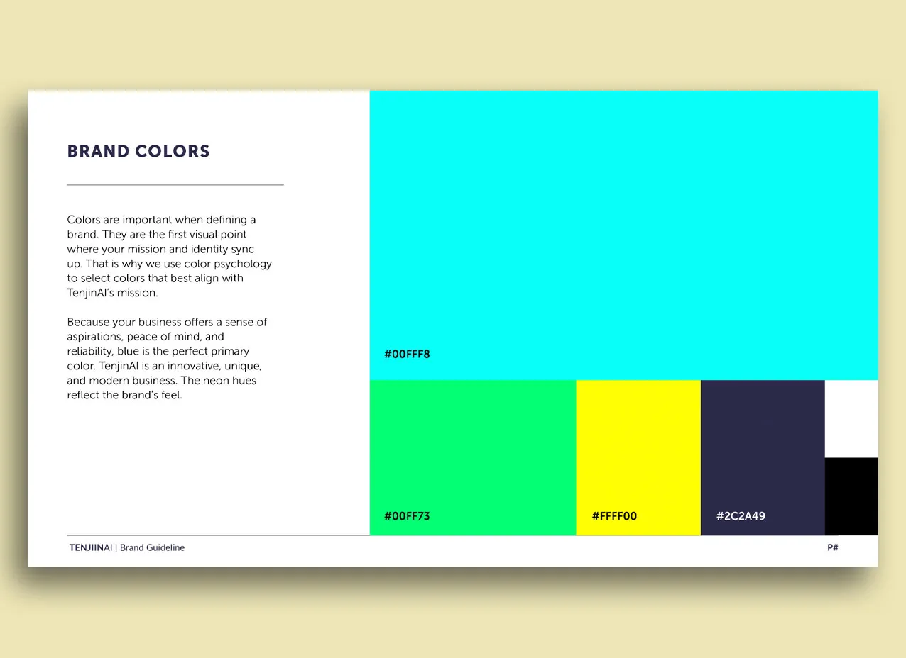 Branding color palette created for Tenjin AI, a Designity client.