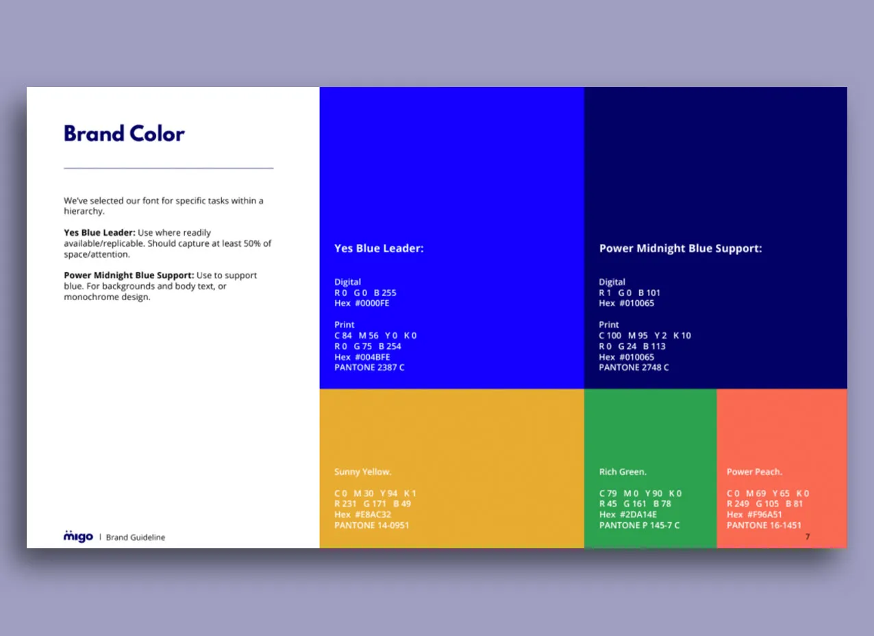 Color palette section of brand guidelines created for Migo, a Designity client.