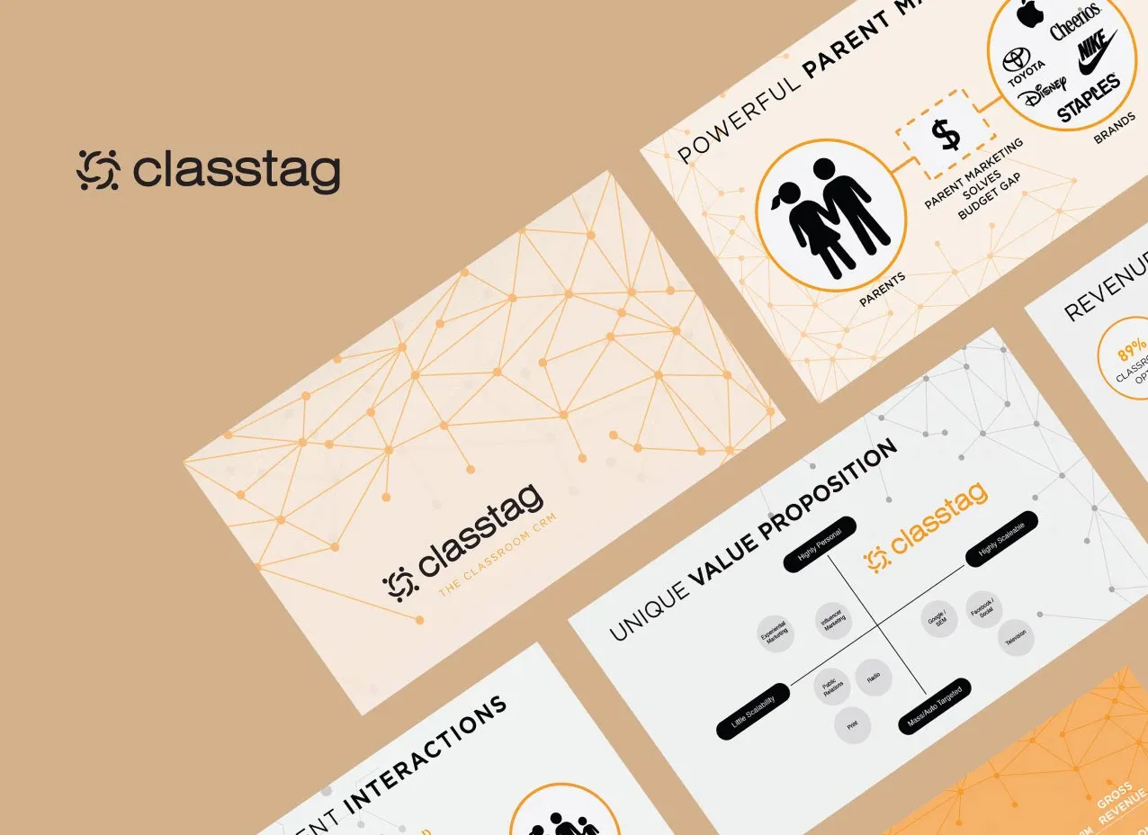 Slides from ClassTag's new pitch deck, designed by the Designity team.
