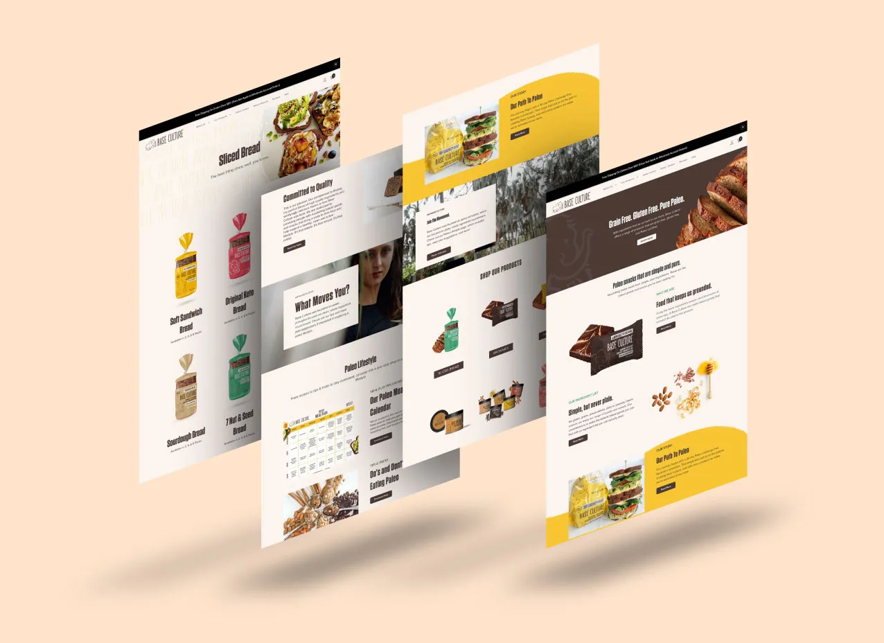 Mockup of web pages created for Base Culture, a nutritional snack company.