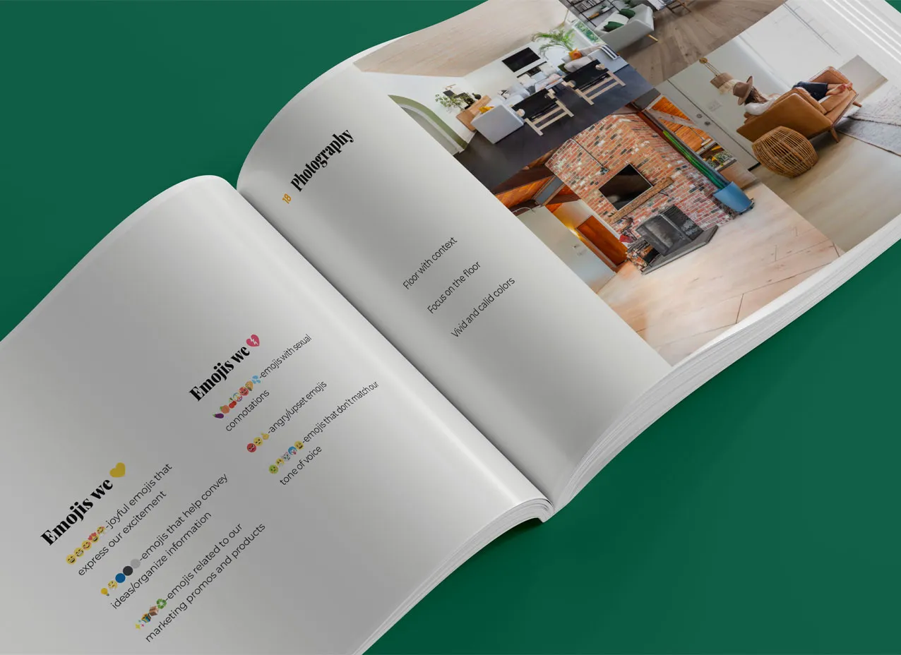 Closer view of brand book for Flooret, a Designity client.
