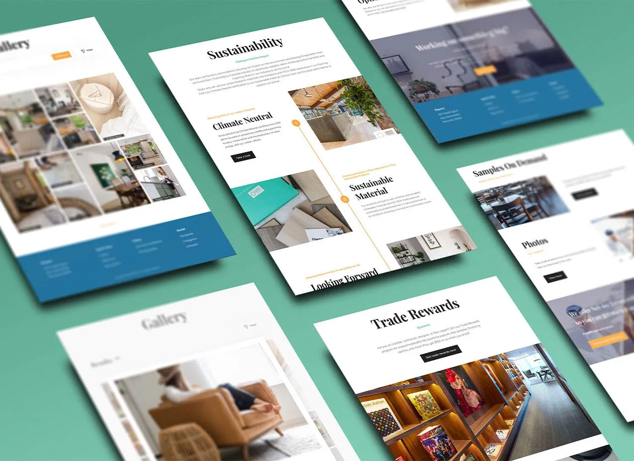 Samples from Flooret's refreshed website after Designity's services.