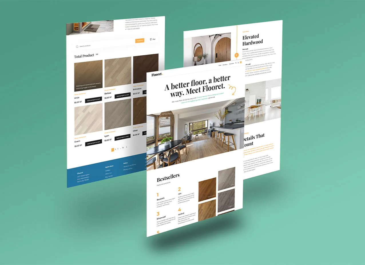 Samples from Flooret's refreshed website after Designity's services.
