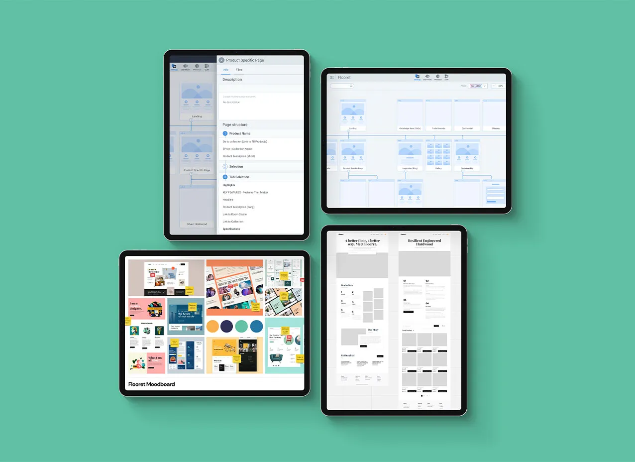 Samples from Flooret's refreshed website after Designity's services.