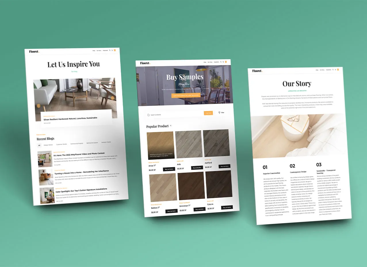 Samples from Flooret's refreshed website after Designity's services.