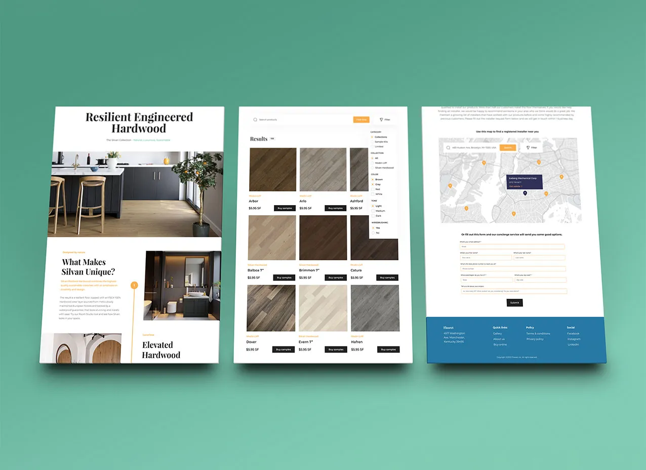 Samples from Flooret's refreshed website after Designity's services.