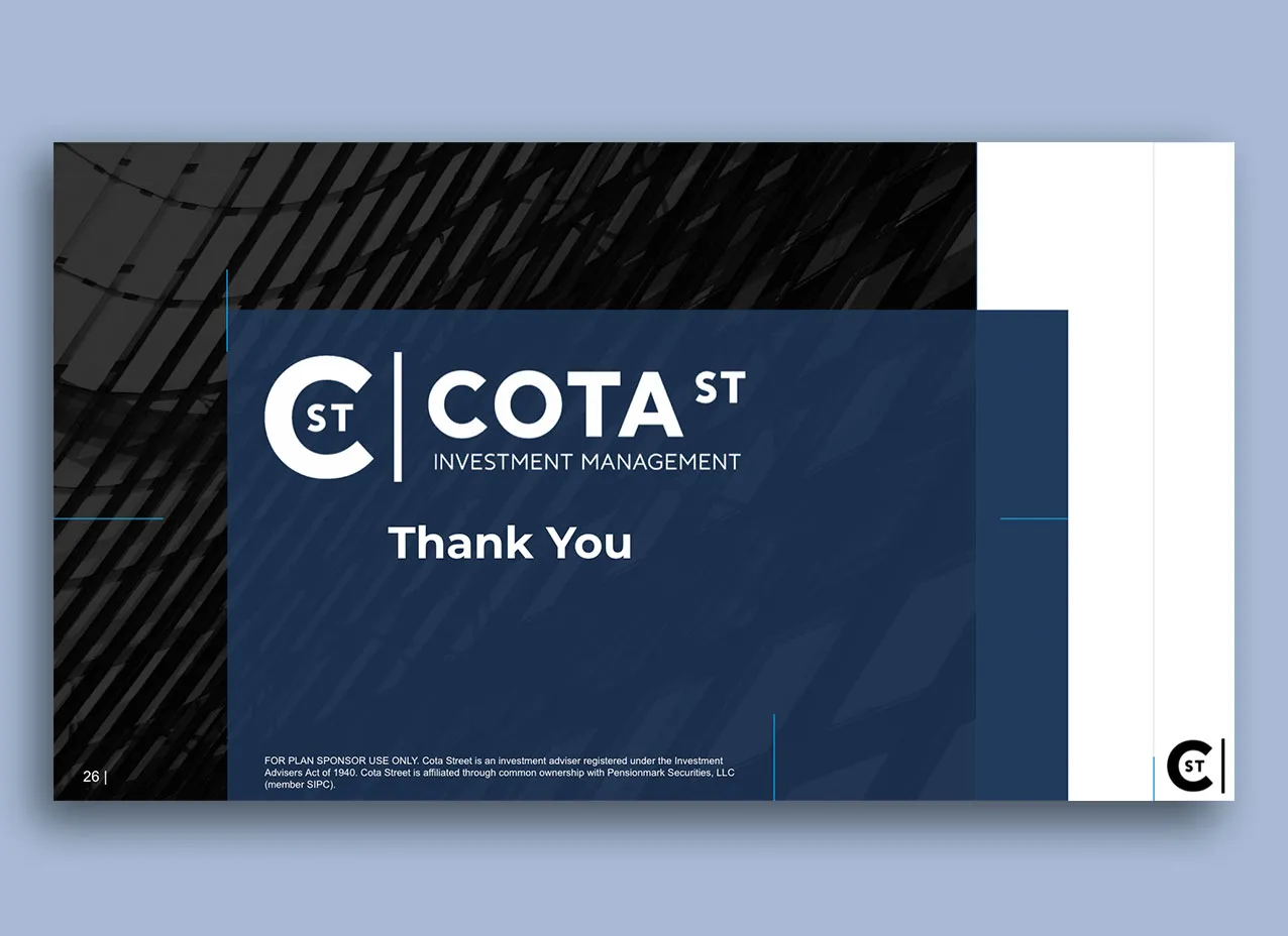 A presentation slide for COTA, featuring the brand name and logo.