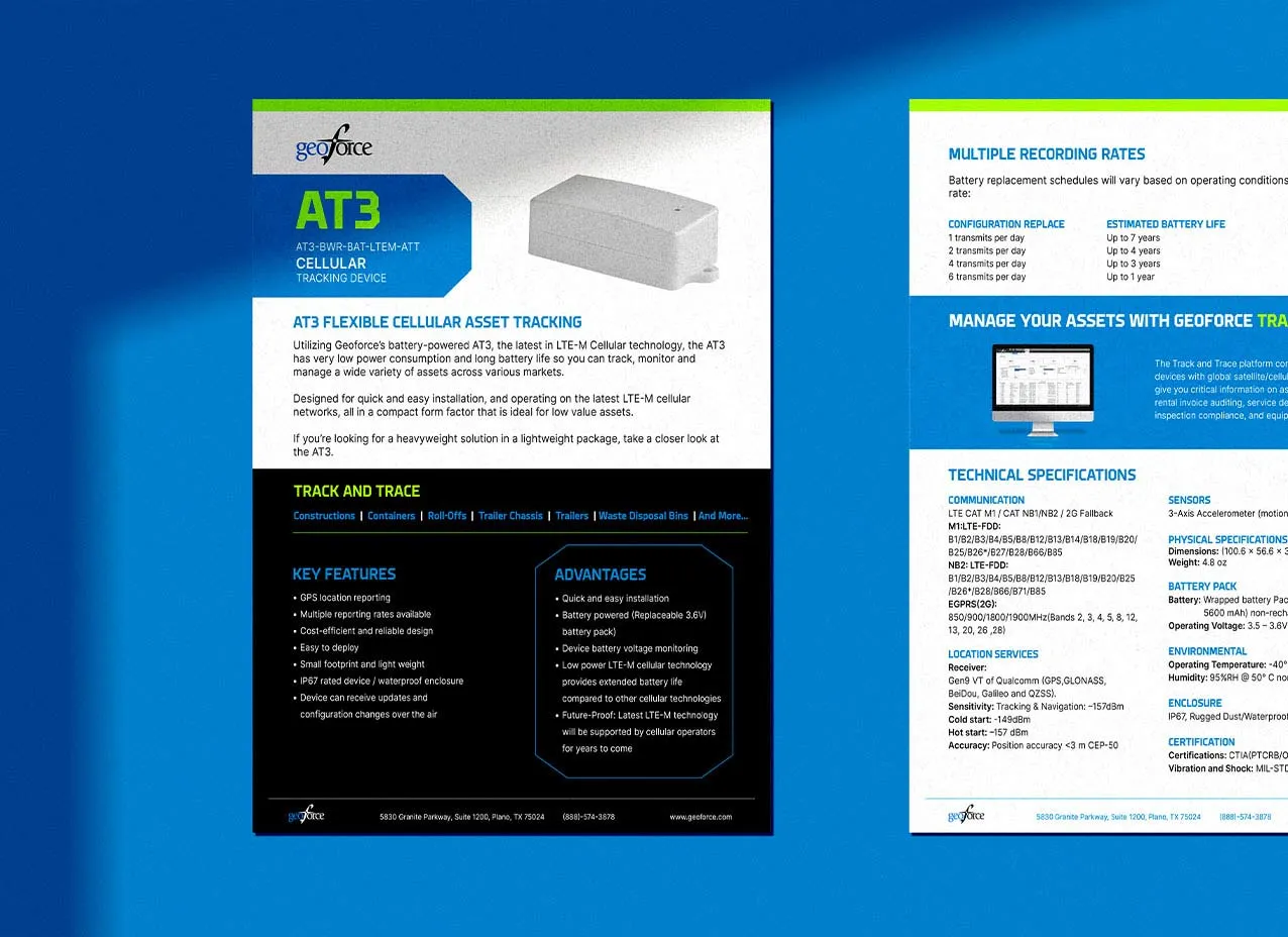 Spec sheets created for Geoforce, a Designity client.