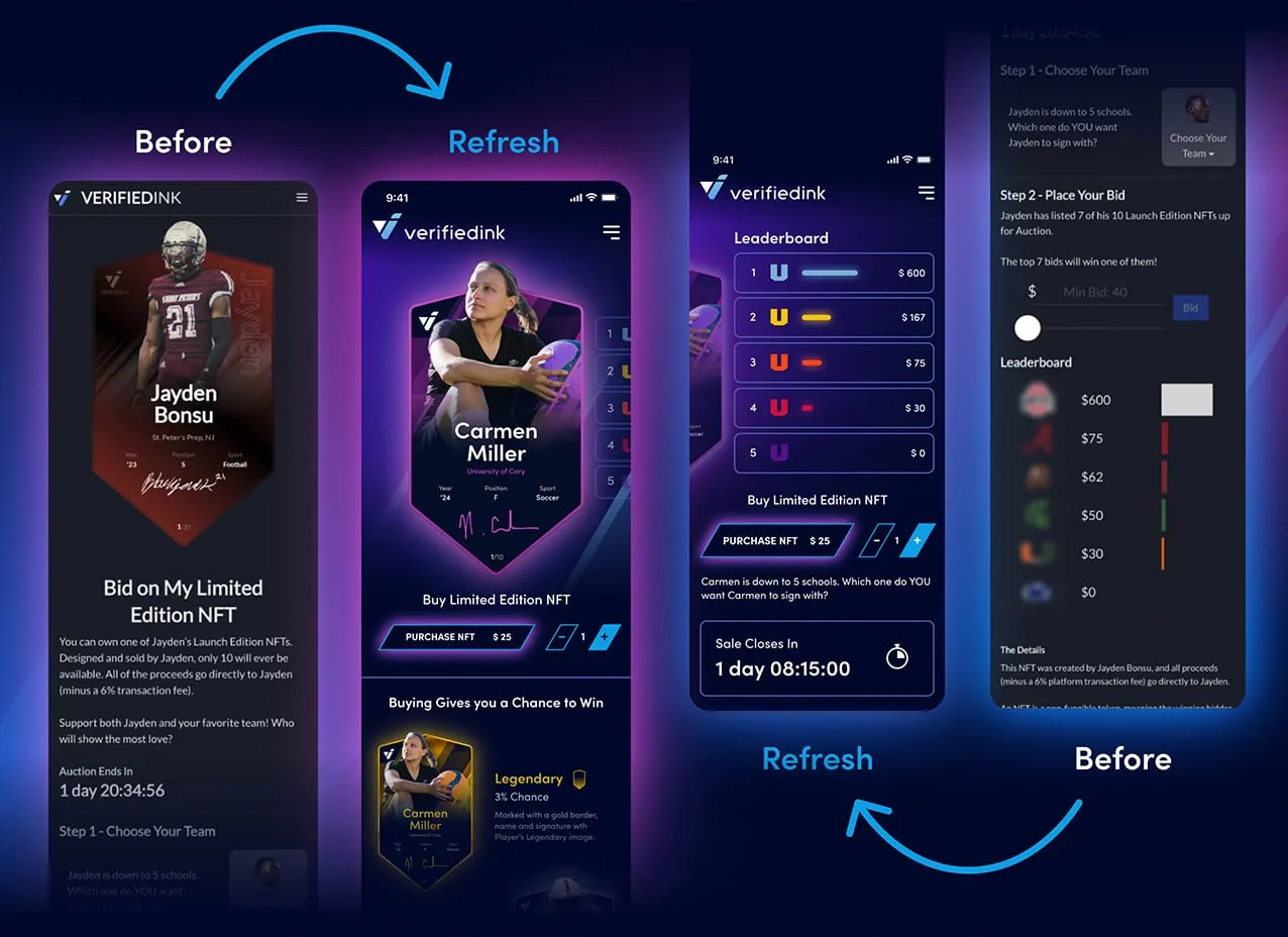 Mobile app design created for VerifiedInk, a sports NFT company.
