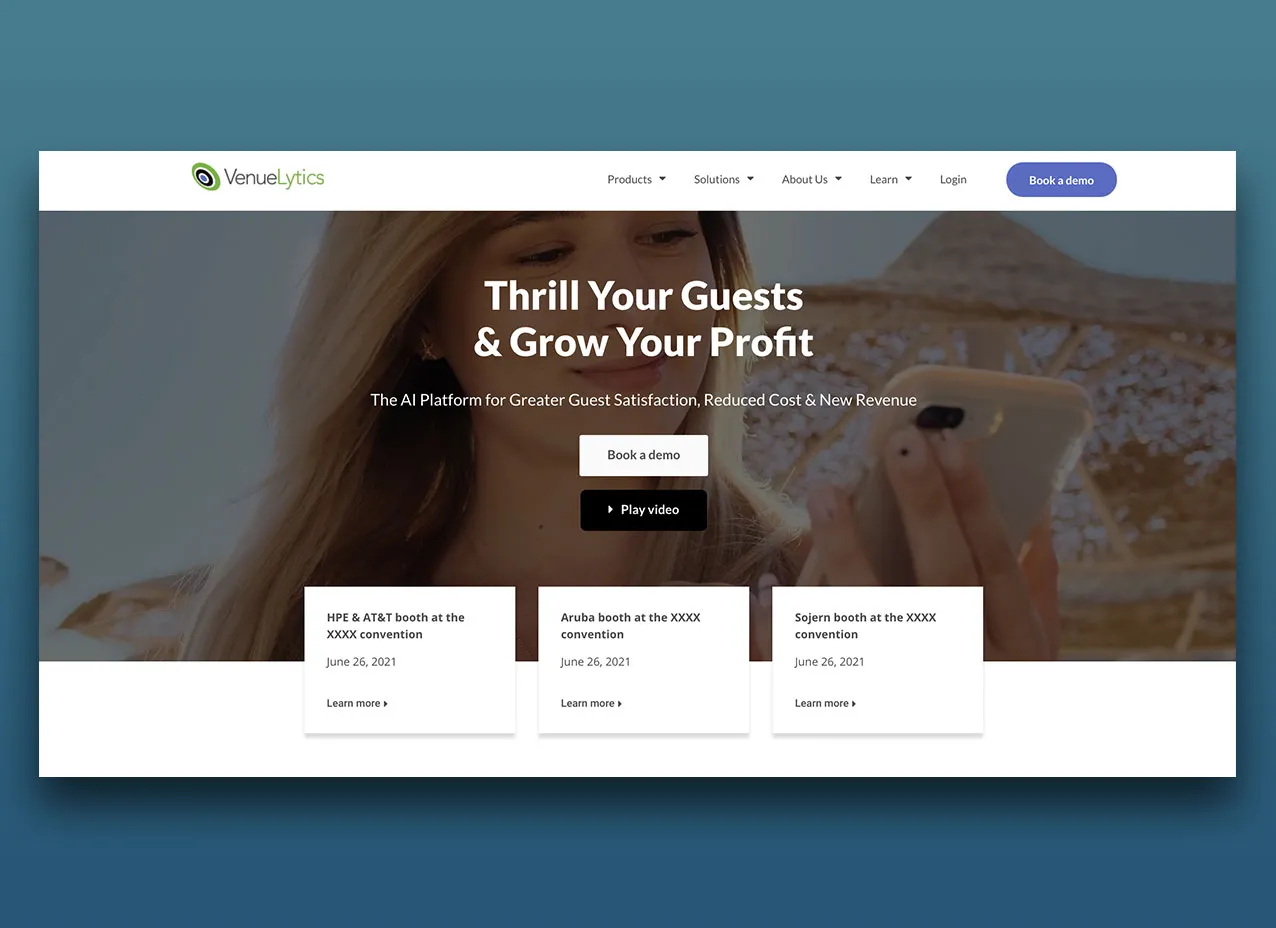 Final homepage design for VenueLytics.