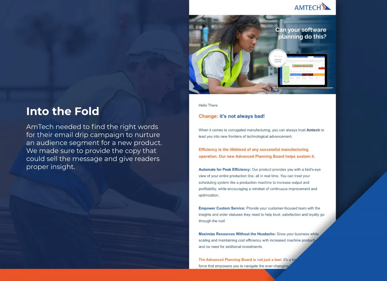 Amtech Copy & Content Writing by Designity with overview of the objective.