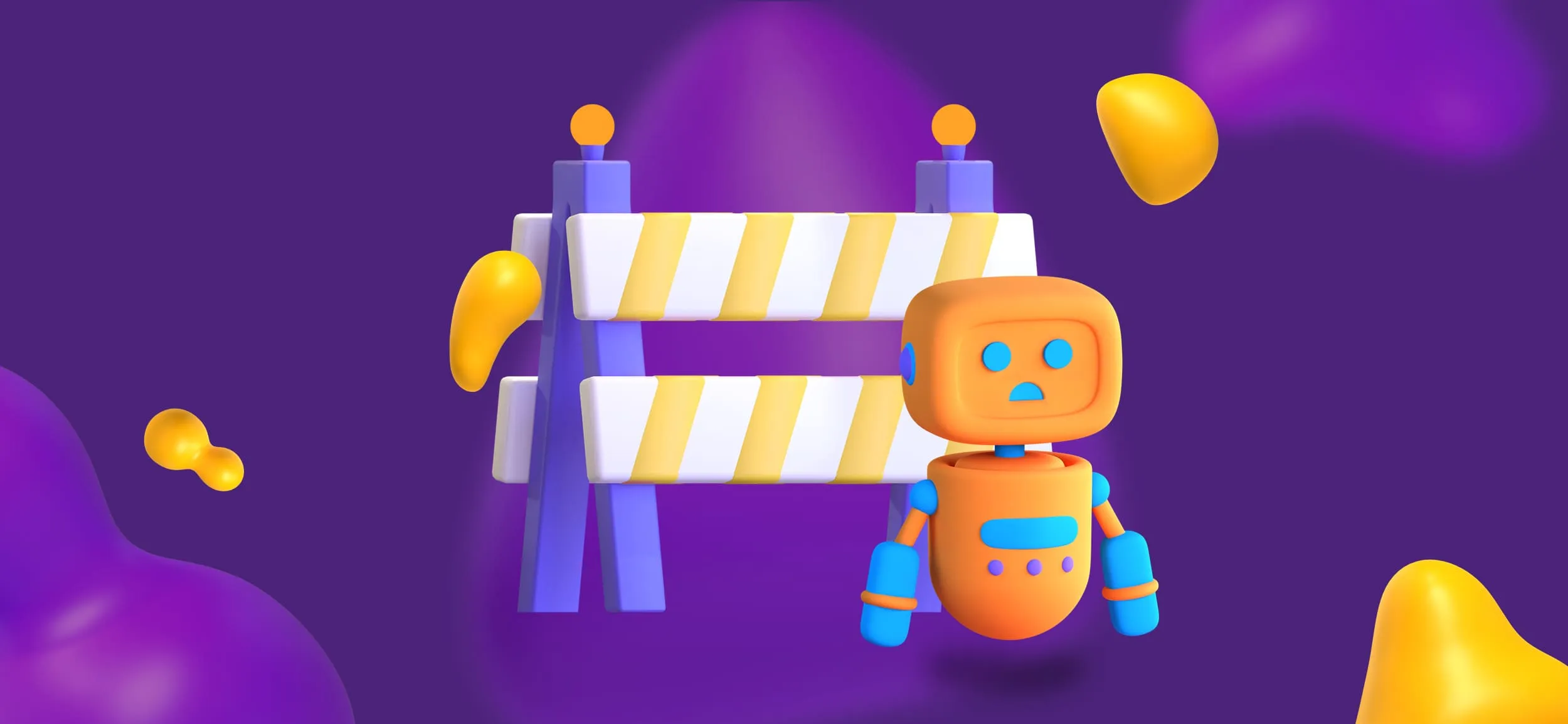 A confused-looking orange robot stands in front of a blinking traffic control easel.