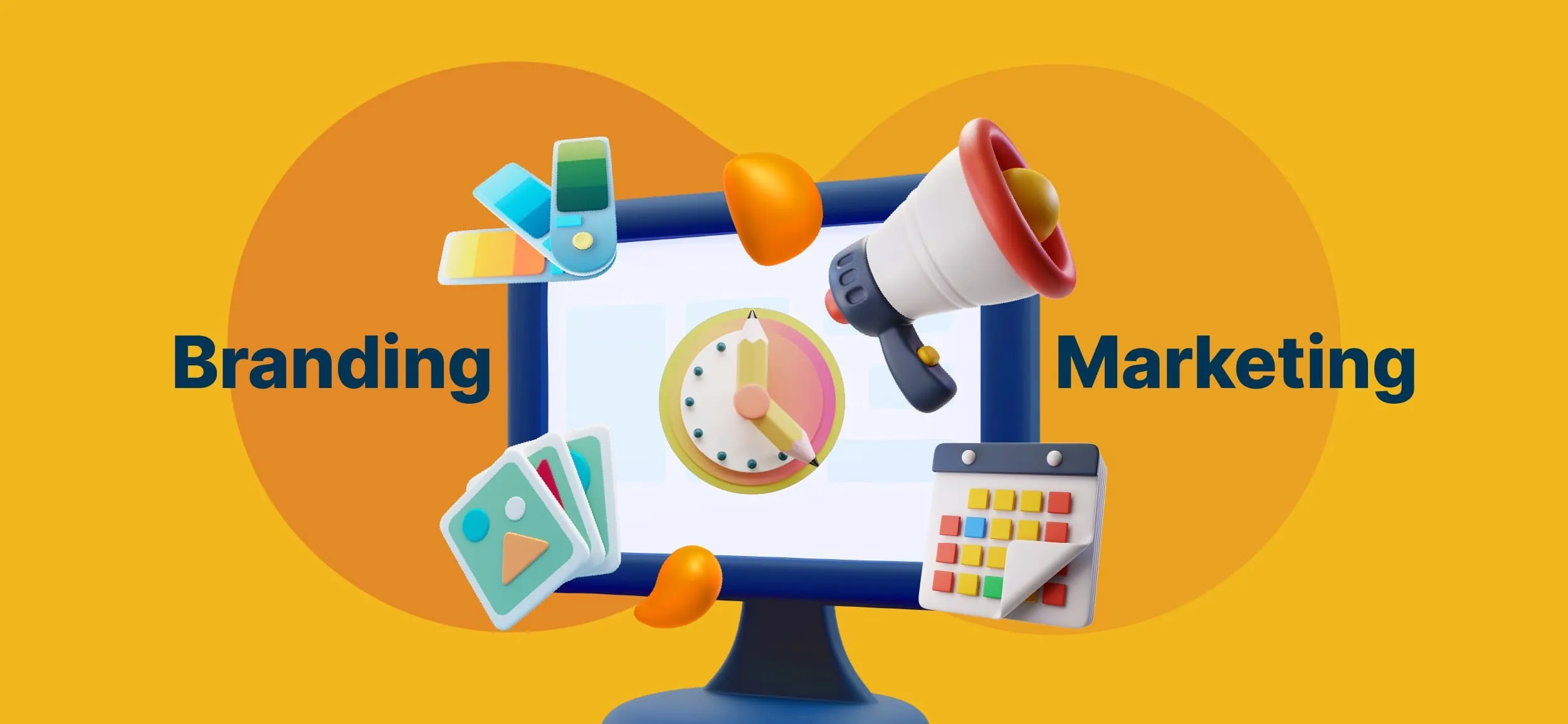 A computer screen with graphic design elements between the words Branding and Marketing.