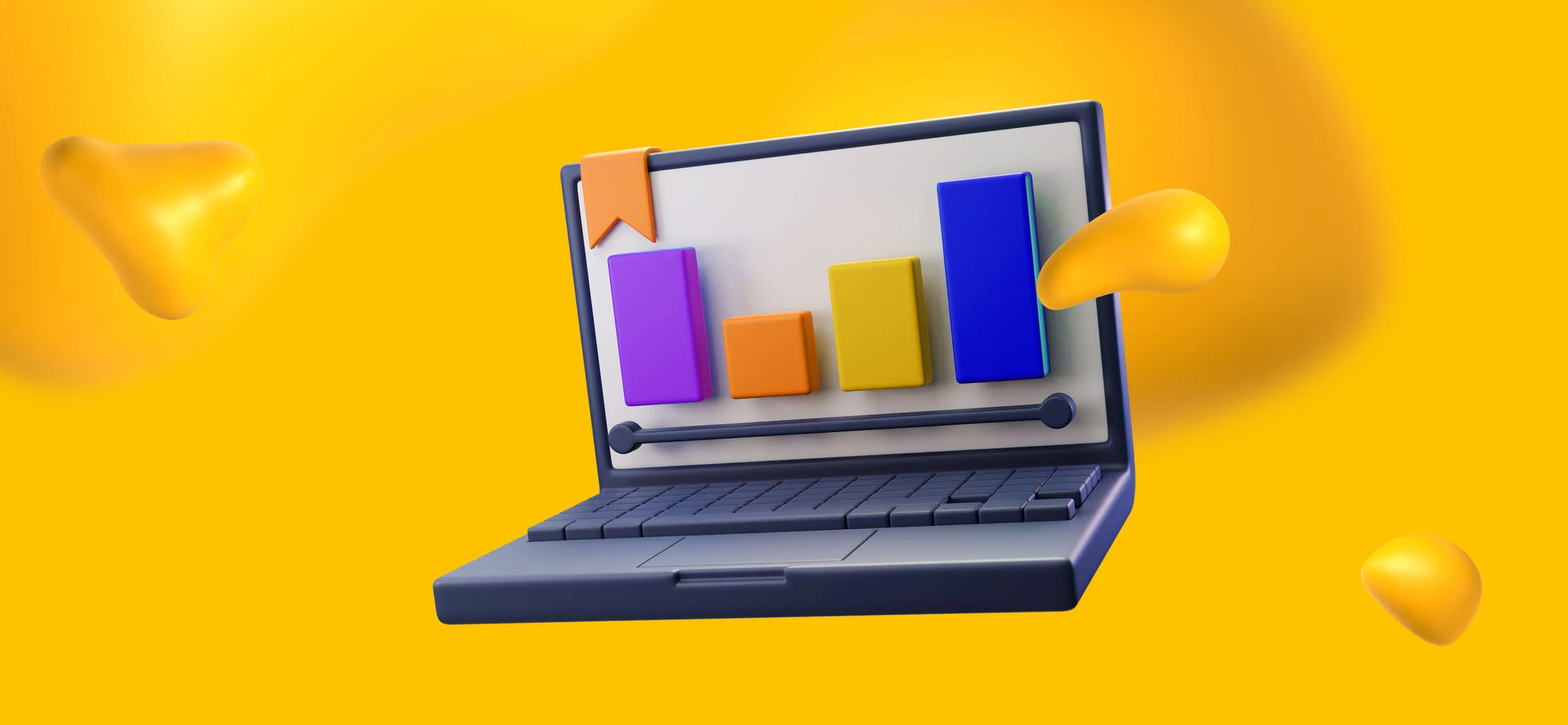 A laptop with a bar chart trending upwards.