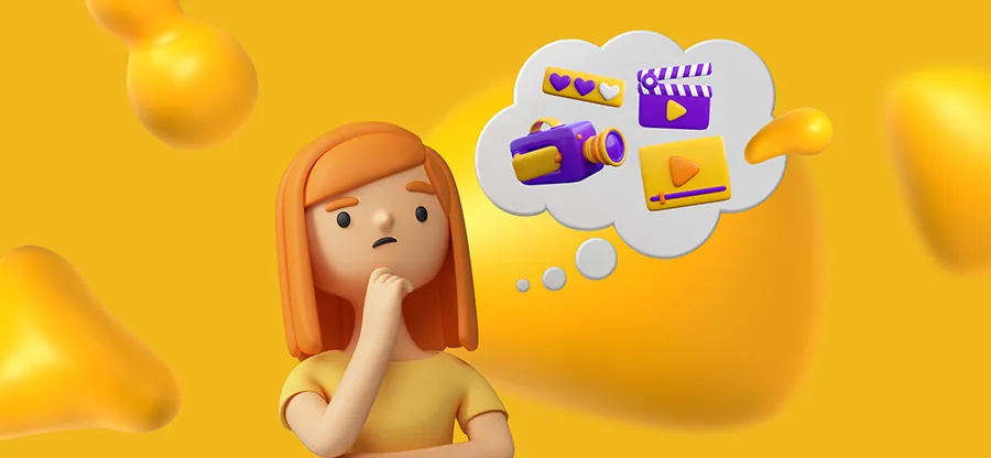 A girl thinking. There is a thought bubble above her head with images of a video camera, a clapboard, and a video play button.