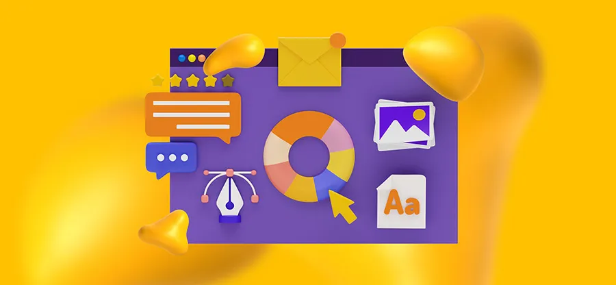 Floating elements of a brand style guide on a screen, including images, email, quotes, and copywriting.