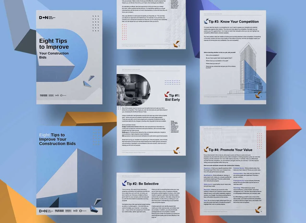 Dodge Construction Network ebook mockup of tips to improve bids.