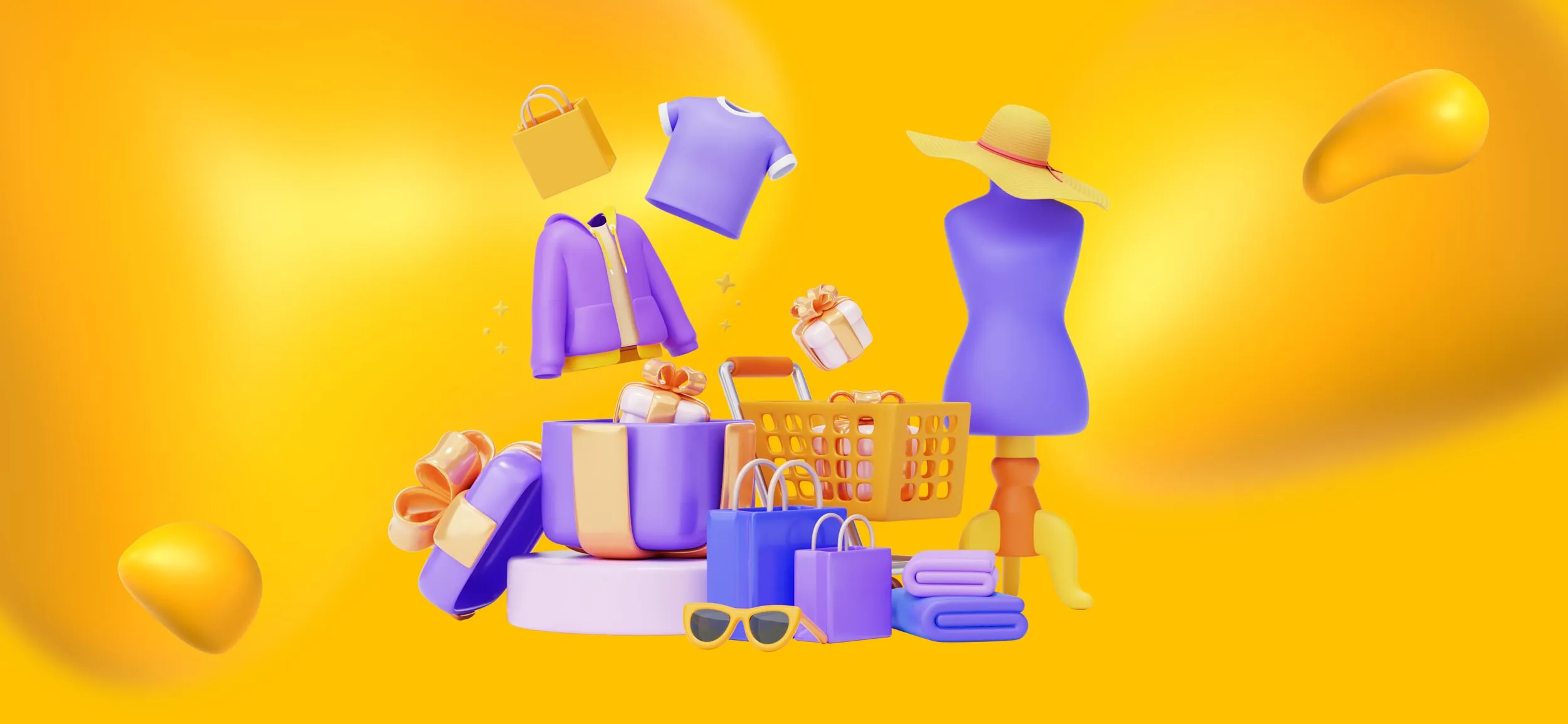 A collection of fashion products, including clothes, hats, shopping bags, and a shopping cart.