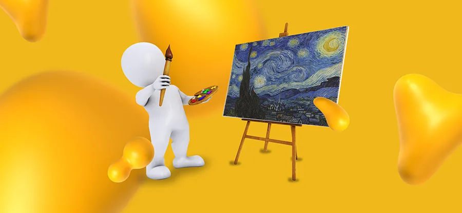 A white,faceless avatar stand in front of a painting of Van Gogh's Starry Night. He is holding a painter's palette and brush as if he painted it himself.