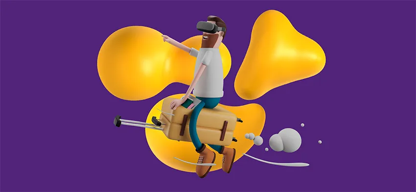Man riding a suitcase to travel in virtual reality.