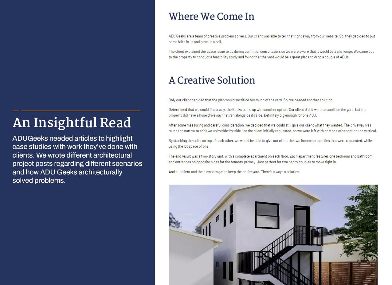 ADUGeeks Copy & Content Writing by Designity with overview of copywriting needs.