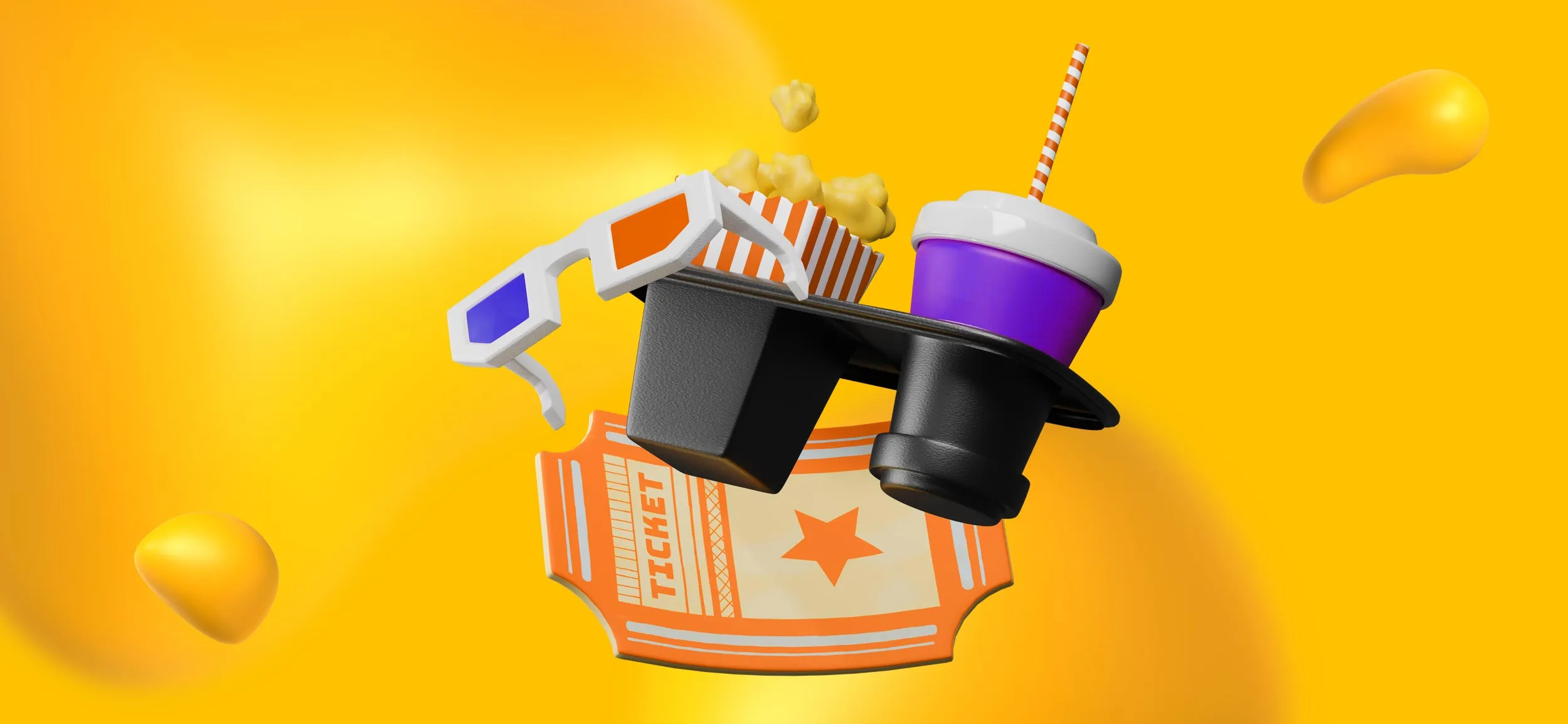 Elements of sports and entertainment: Tickets, 3D glasses, popcorn, and a drink in a paper cup.