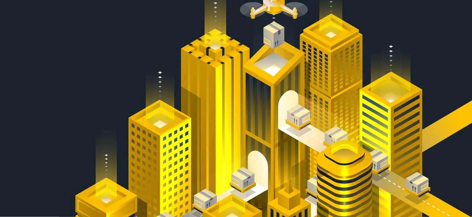 A city skyline with boxes moving back and forth, for a supply chain.