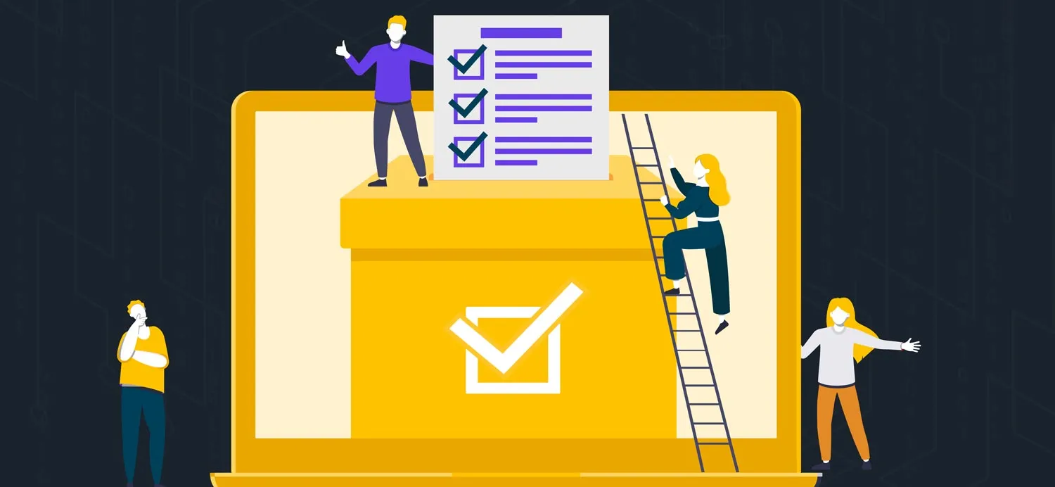 A group of workers standing around a large yellow box. At the top is a checklist with three items checked off.