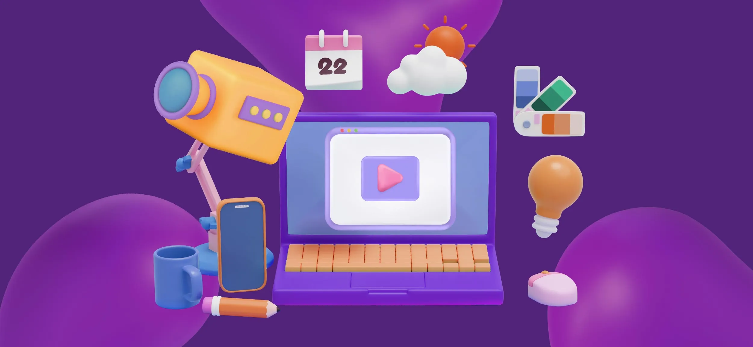 Laptop with video editing and design elements coming out of it.