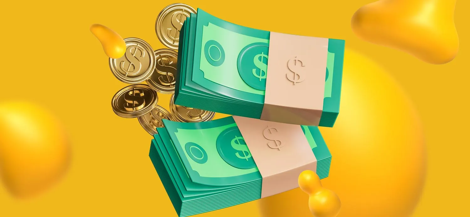 Two stacks of money and gold coins float in a yellow field.